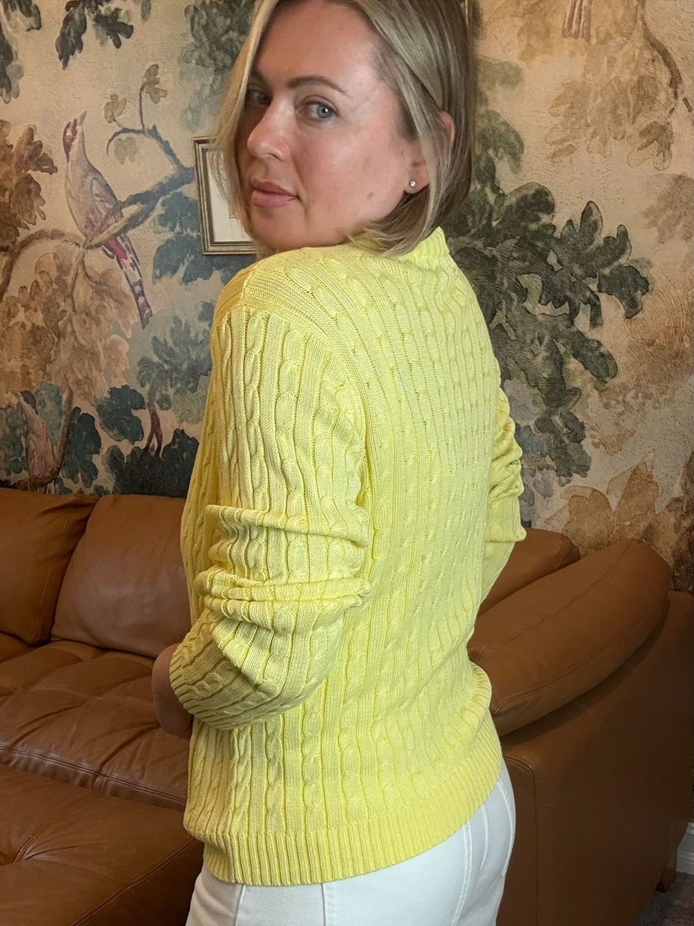 Lauren Ralph Lauren Yellow Cable Knit Full Zip Sweater Cardigan Crest Women M - Picture 7 of 11